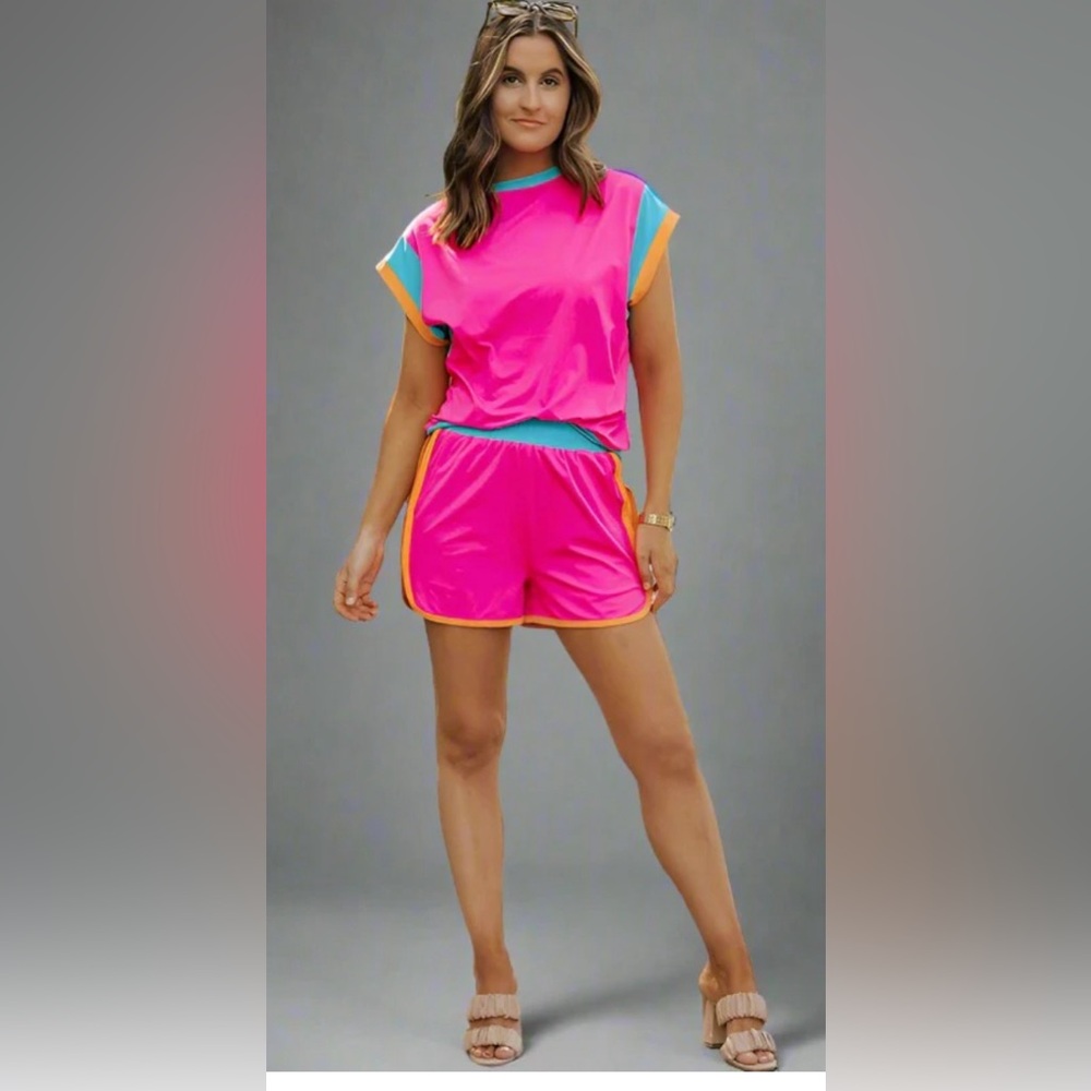 Matching short set Pink Aqua orange MEDIUM NWOT